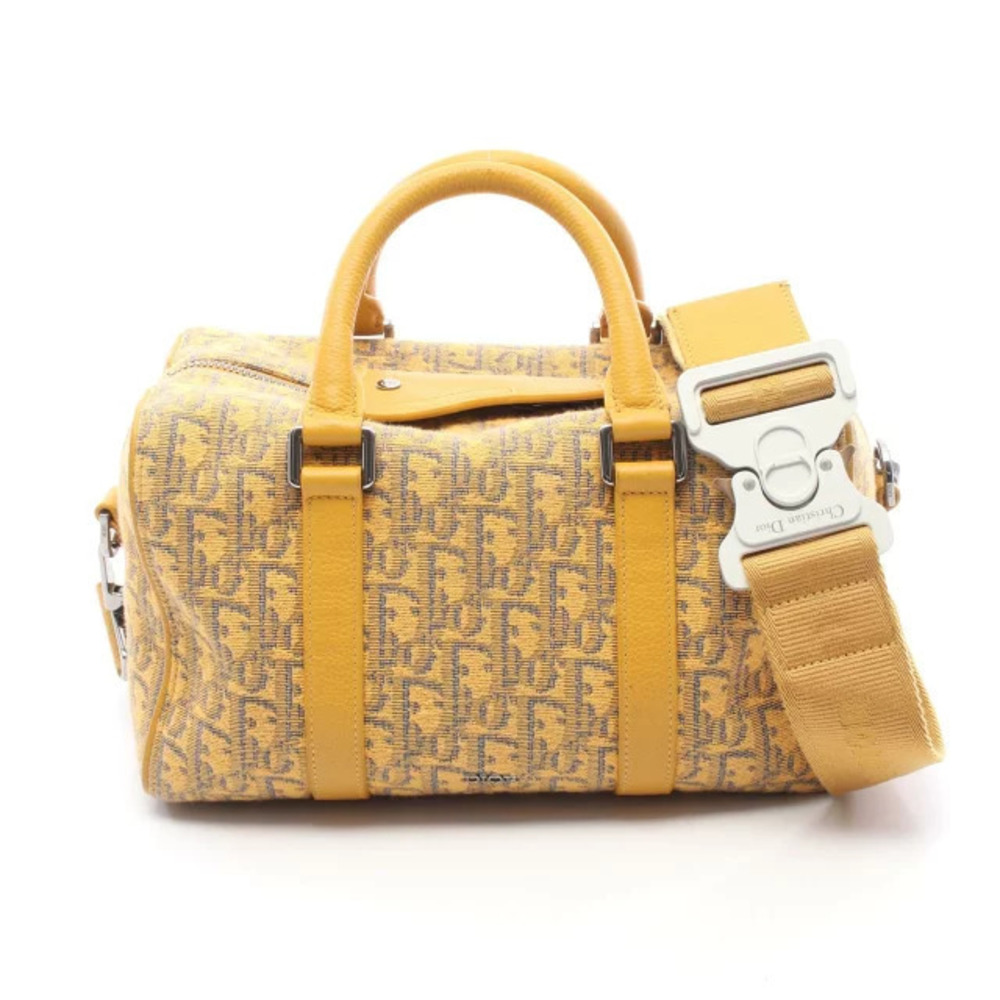 Christian Dior Lango Oblique Handbag Canvas Leather Yellow Navy Blue
